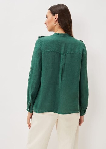 Phase Eight Enid Linen Frill Shirts Dark Green USA | 4832905-WX